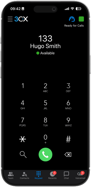 3CX mobile app dialer on a smartphone, showing an extension ready for calls