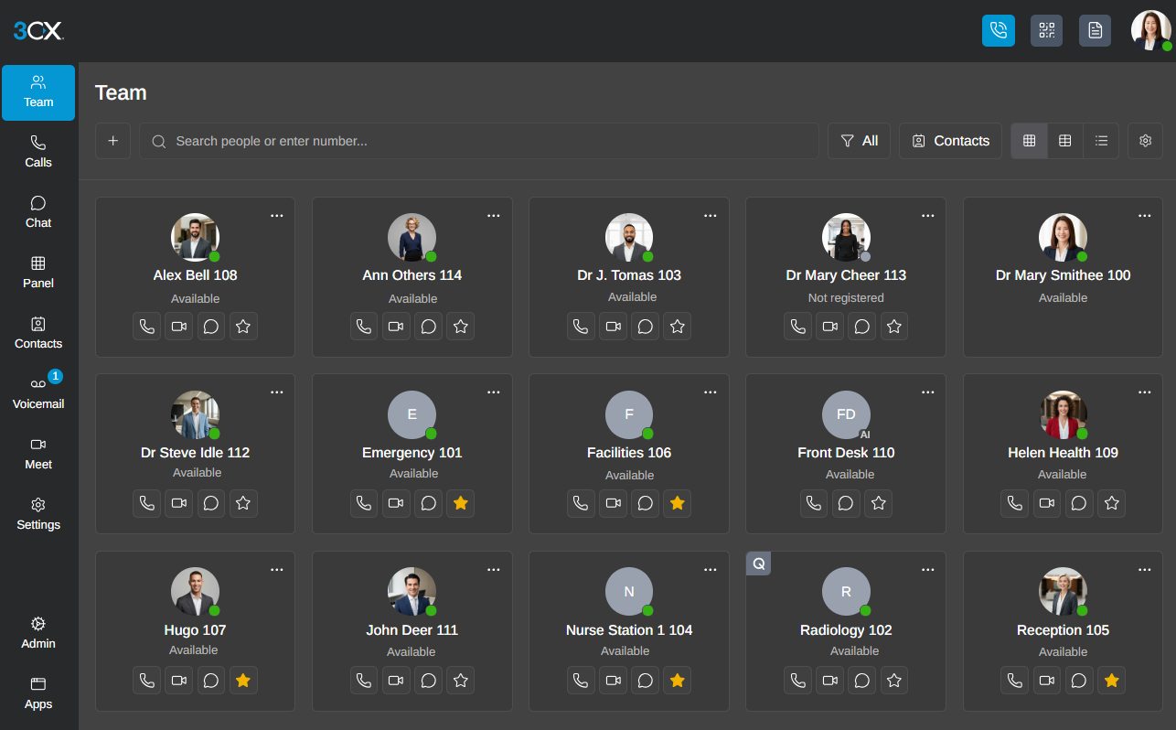 3CX Web Client Team view showing colleagues’ availability with call, video and chat actions